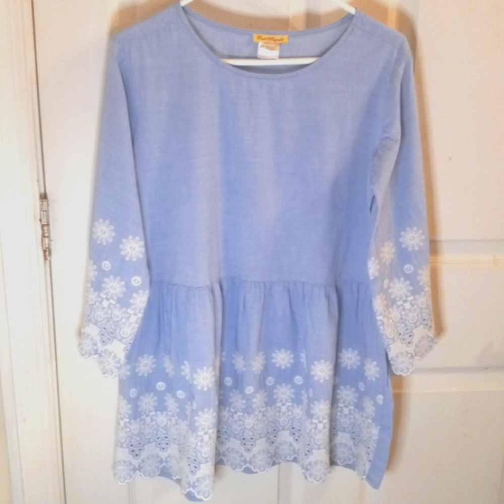 Sweet Magnolia-S -Tunic/Top Peasant Blouse-Blue w/ White Embroide…
